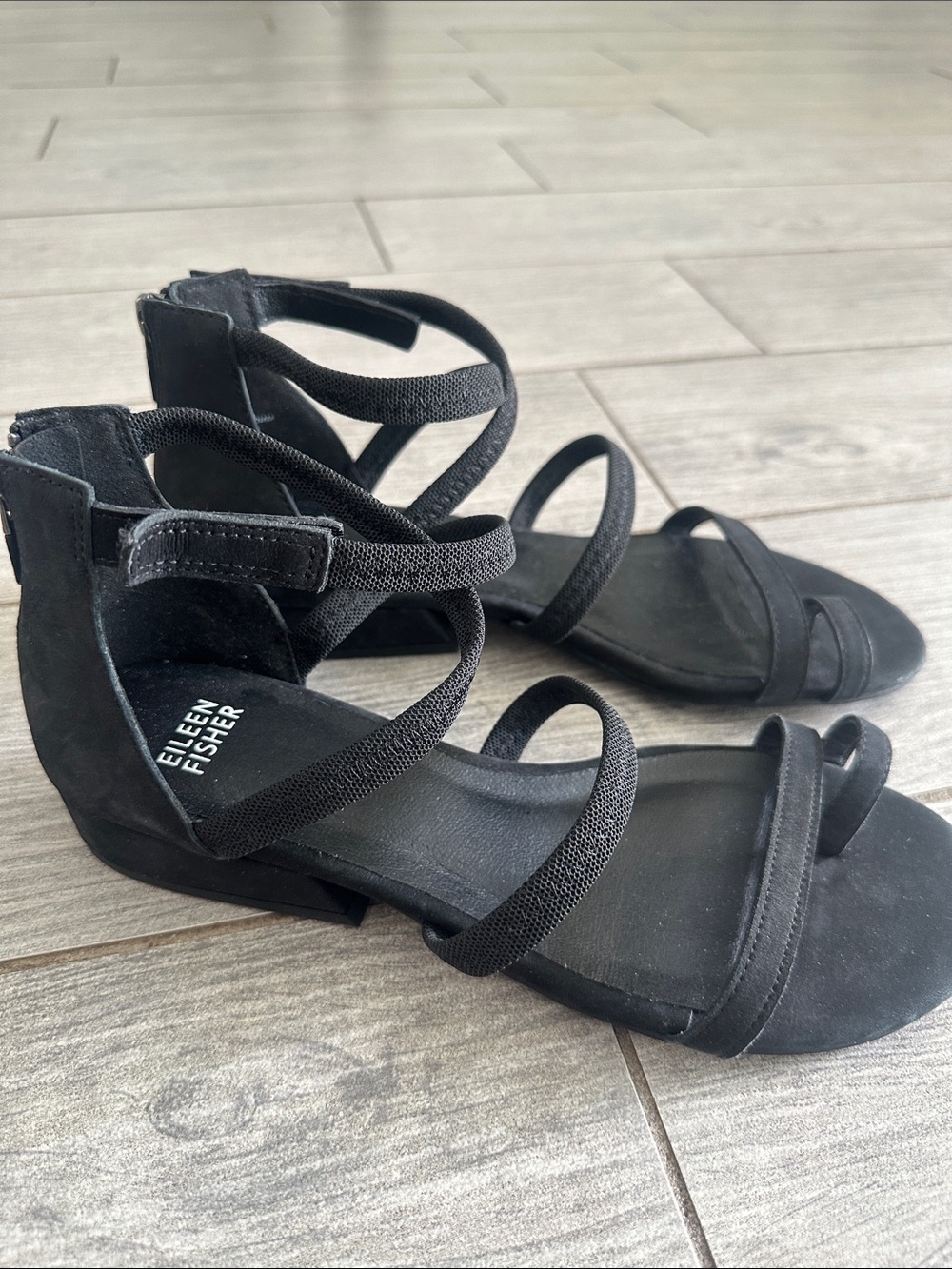 Eileen Fisher Emily Zip Sandals Black Minimalist Strappy Leather New! - Picture 8 of 10